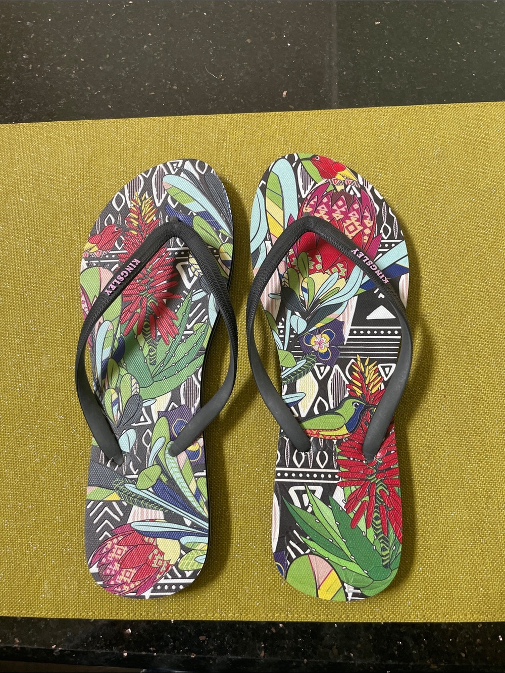 Tropical Print Women's Flip Flop Sandals - Black Straps